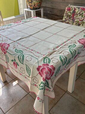 Vintage cross stich embroidered linen tablecloth 72" x 58"